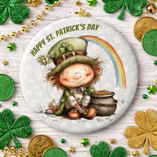 Cute Leprechaun With Pot of Gold and Rainbow Button