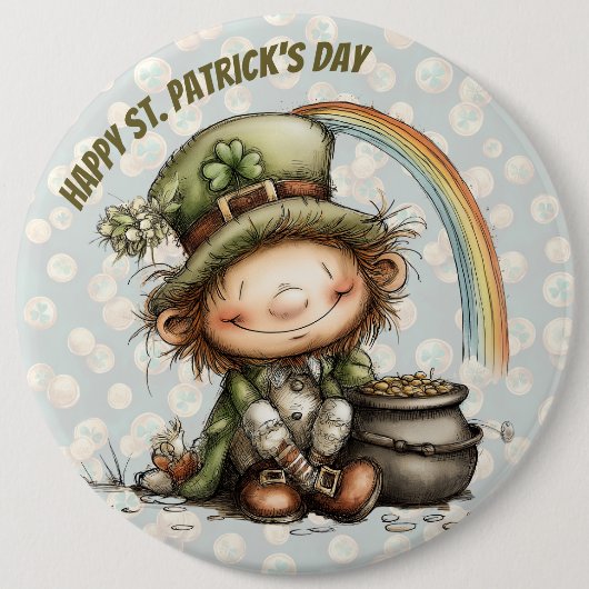 Cute Leprechaun With Pot of Gold and Rainbow Button (Vorderseite)
