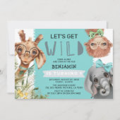 Cute Let's Get Wild Blue Jungle 1st Birthday Party Einladung (Vorderseite)