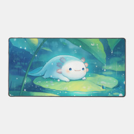 Cute Light Blue Axolotl Rainy Lily Pond Schreibtischunterlage