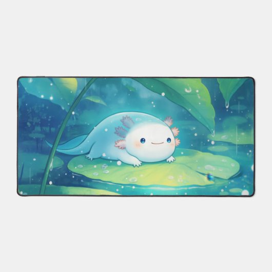 Cute Light Blue Axolotl Rainy Lily Pond Schreibtischunterlage (Vorderseite)