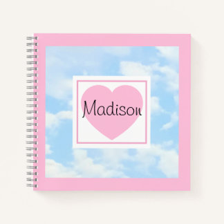 Cute Light Blue Cloudy Sky Pink Heart Custom Name Notizblock