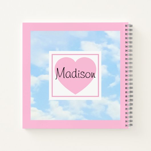 Cute Light Blue Cloudy Sky Pink Heart Custom Name Notizblock (Rückseite)