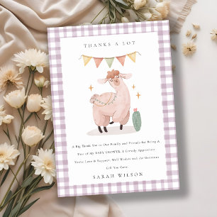 Cute Lila Karierter Kactus Boho Lama Babyparty Dankeskarte