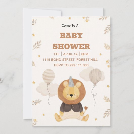 Cute Lion Baby Shower Invitation | Neutral Safari Einladung (Vorderseite)