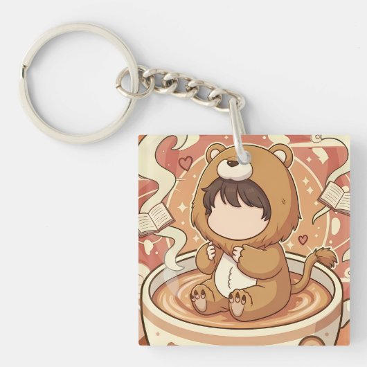 Cute Lion Boy Drinking Coffee Schlüsselanhänger (Vorderseite)