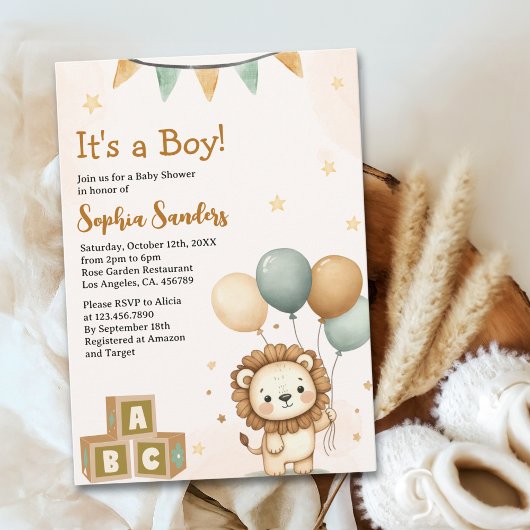 Cute Lion Watercolor Baby Shower Boy Einladung