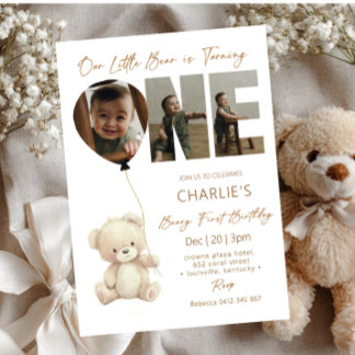 Cute Little Bear Neutral with Photo 1st Birthday  Einladung