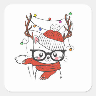 Cute little cat with deer horns quadratischer aufkleber