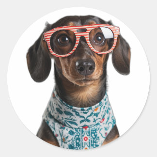 Cute Little Dachshund With Red Glasses Runder Aufkleber