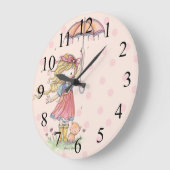 Cute Little Girl and Ktty Pink Polkadot Clock Große Wanduhr (Winkel)