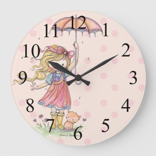 Cute Little Girl and Ktty Pink Polkadot Clock Große Wanduhr (Vorderseite)