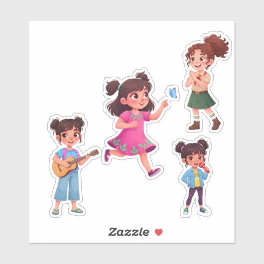 Cute Little Girl Cartoon Character Vinyl Sticker  (Blatt)