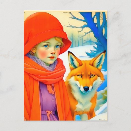 Cute Little Girl With Fox Chritmas Postkarte (Vorderseite)