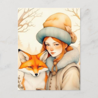 Cute Little Girl With Fox Chritmas Postkarte