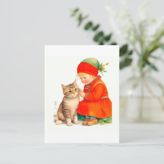 Cute Little Girl With Kitten Chritmas Postkarte (Stehend Vorderseite)