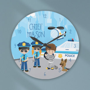 Cute Little Kid Cartoon Policeman with First Name Große Wanduhr