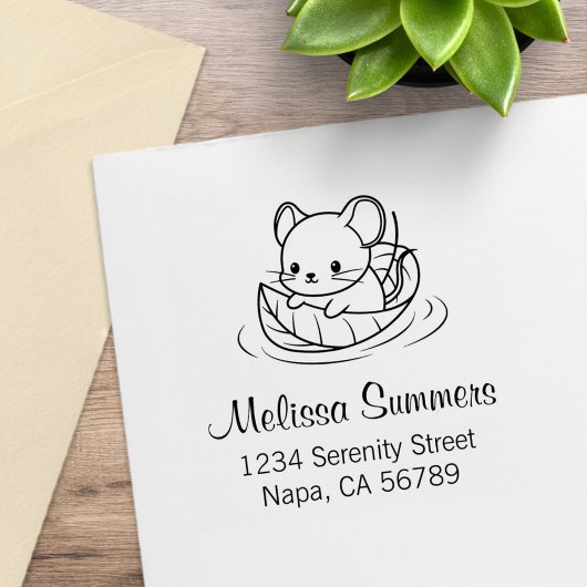Cute Little Mouse Leaf Boat Address Gummistempel