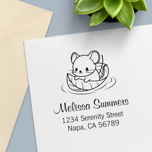 Cute Little Mouse Leaf Boat Address Permastempel
