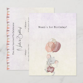 Cute Little Mouse With Pink Balloons Invitation Postkarte