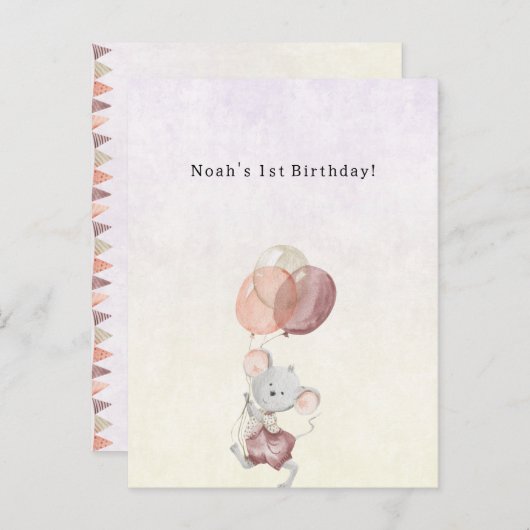 Cute Little Mouse With Pink Balloons Invitation Postkarte (Vorne/Hinten)