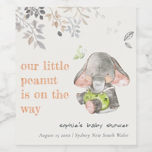 Cute Little Peanut Elephant Foliage Baby Shower Weinetikett (Einzelnes Label)