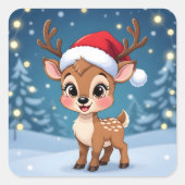 Cute little reindeer with Christmas hat Quadratischer Aufkleber (Vorderseite)