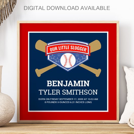 Cute Little Slugger Baseball Baby Birth Stats Poster