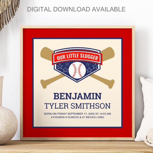 Cute Little Slugger Baseball Baby Birth Stats Poster
