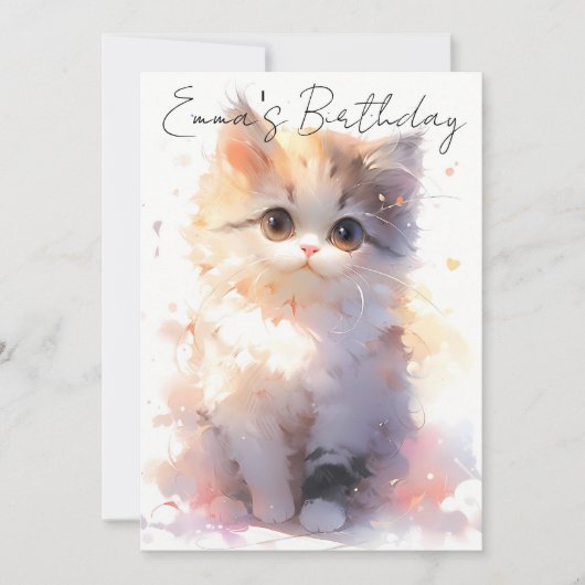 Cute Little Watercolor Cat Birthday Einladung (Vorderseite)