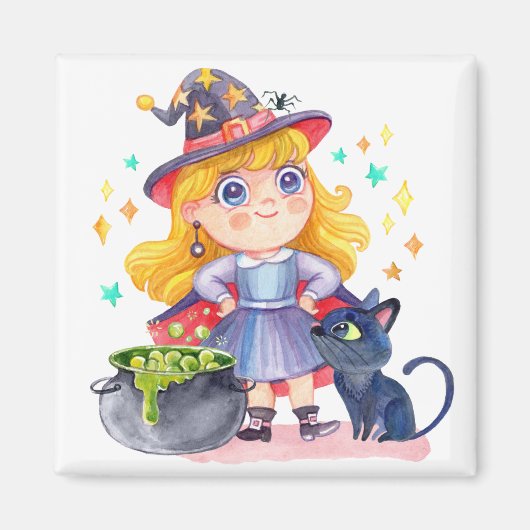 Cute little witch and black cat magnet (Vorne)