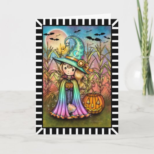 Cute Little Witch and Cat Halloween Karte (Vorderseite)