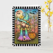 Cute Little Witch and Cat Halloween Karte (Gelbe Blume)