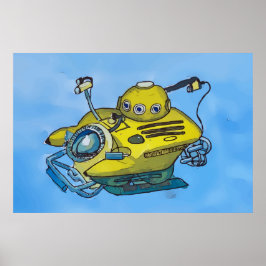 Cute little yellow submarine in blue water poster