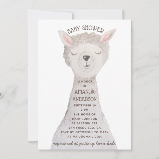 Cute Llama Baby Shower | Neutral Watercolor Alpaca Einladung (Vorderseite)