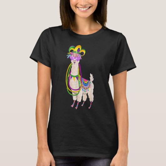 Cute Llama Mardi Gras Beads Mask Carnival Party Me T-Shirt (Vorderseite)