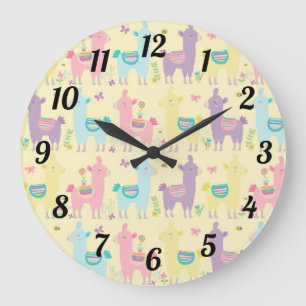Cute Llamas Pink Yellow Purple Blue Große Wanduhr