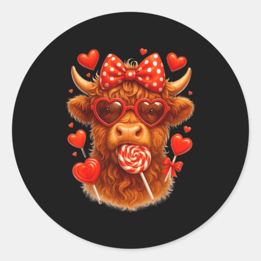Cute Lollip Highland Cow Valentine's Day Red Heart Runder Aufkleber (Vorderseite)
