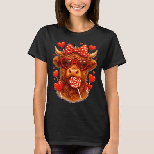 Cute Lollip Highland Cow Valentine's Day Red Heart T-Shirt (Vorderseite)