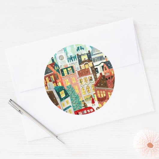 Cute London City in the Snow Christmas Holiday Runder Aufkleber (Umschlag)