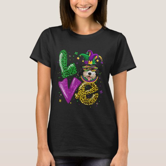 Cute LOVE Golden Doodle Dog Mask Plaid Leopard Mar T-Shirt (Vorderseite)