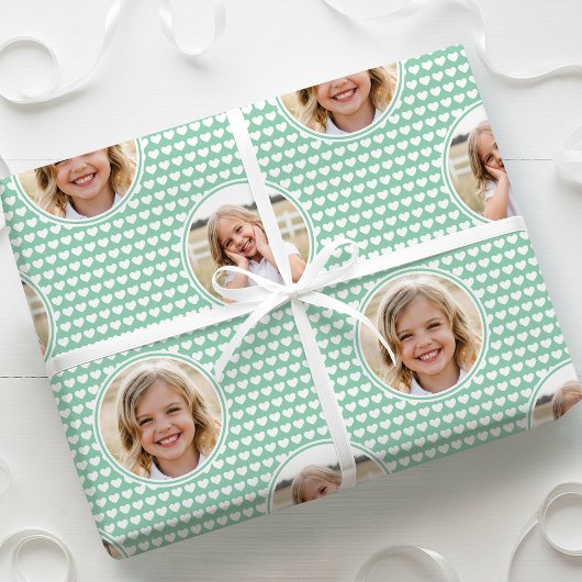 Cute Love Heart 2 Photo Pretty Mint Pattern Geschenkpapier