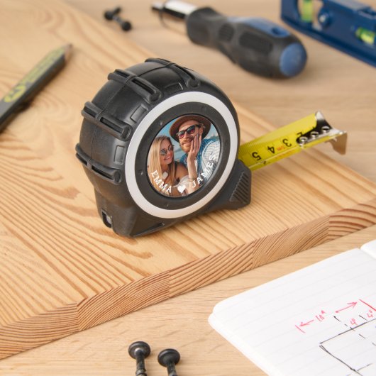 Cute Love Heart Photo Couples Personalized Names Maßband (Holzbau)