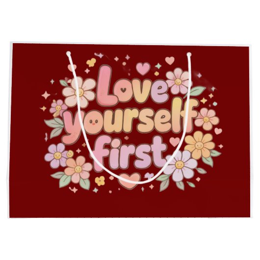 Cute Love Yourself Floral Quote Design | Gift Bag Große Geschenktüte (Rückseite)