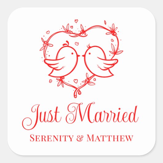 Cute Lovebirds Boho Red Heart Just Married Wedding Quadratischer Aufkleber (Vorderseite)