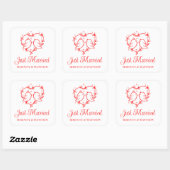 Cute Lovebirds Boho Red Heart Just Married Wedding Quadratischer Aufkleber (Blatt)