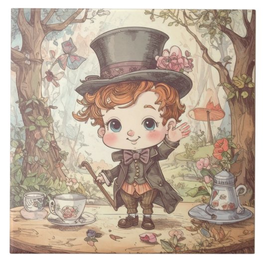 Cute Mad Hatter Whimsical Wonderland Woodland Art Fliese (Vorderseite)