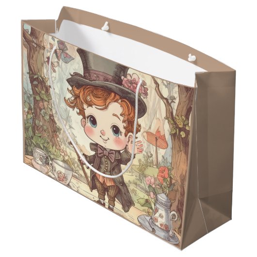 Cute Mad Hatter Whimsical Wonderland Woodland Art Große Geschenktüte (Rückseite Schrägansicht)