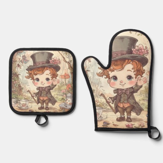 Cute Mad Hatter Whimsical Wonderland Woodland Art Ofenhandschuh & Topflappen-Set (Vorderseite)