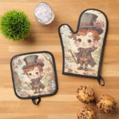 Cute Mad Hatter Whimsical Wonderland Woodland Art Ofenhandschuh & Topflappen-Set (Oben Unten)